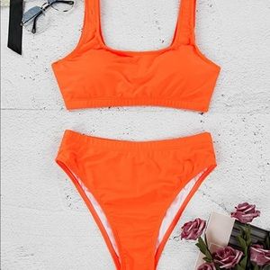 High Waisted Cheeky 2 Piece Swimsuit Neon Orange